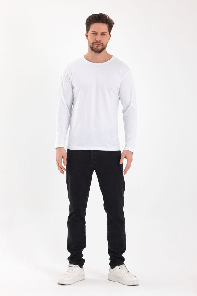 Beyaz 0 Yaka Uzun Kol Sweatshirt