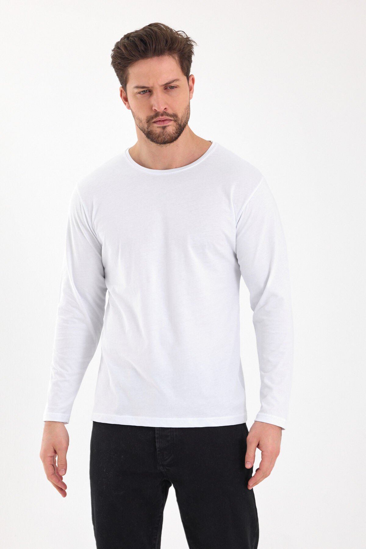 Beyaz 0 Yaka Uzun Kol Sweatshirt