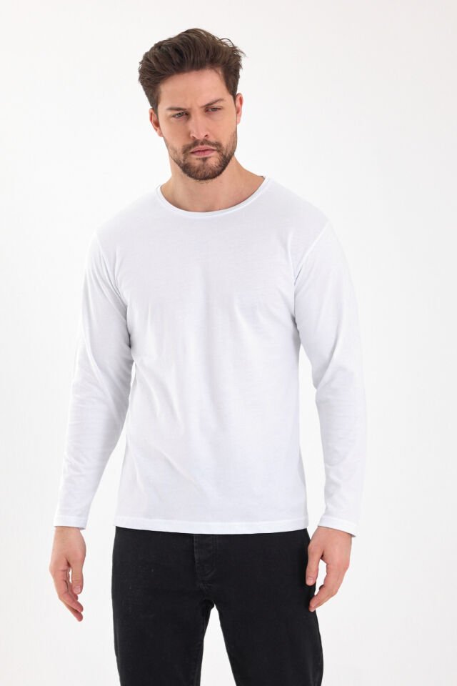 Beyaz 0 Yaka Uzun Kol Sweatshirt