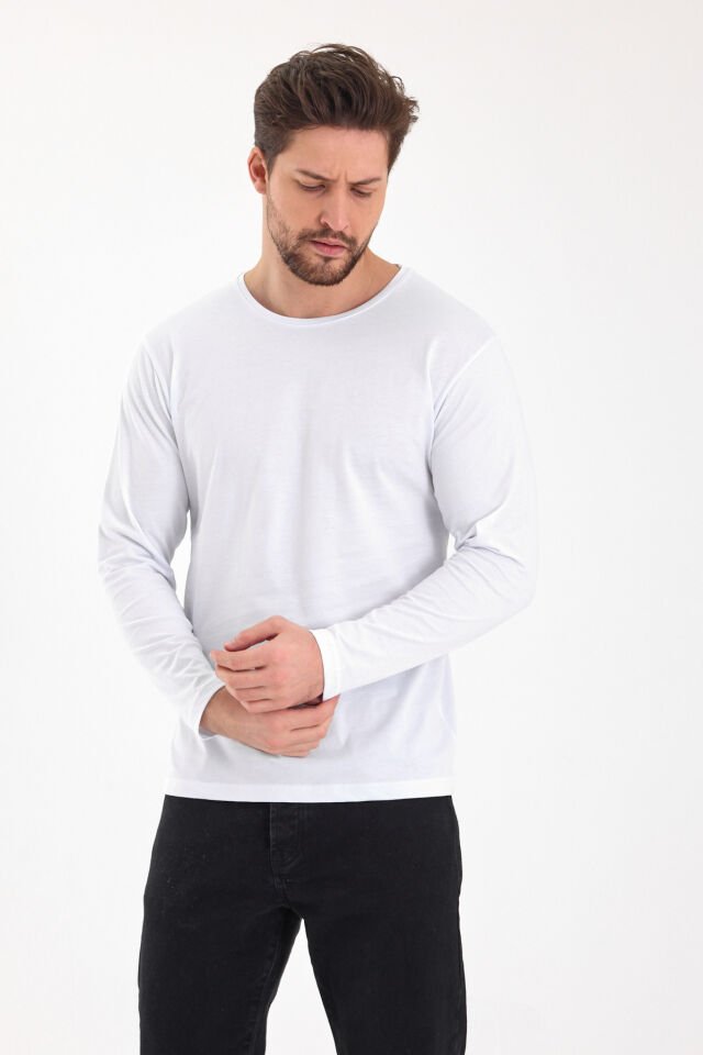 Beyaz 0 Yaka Uzun Kol Sweatshirt