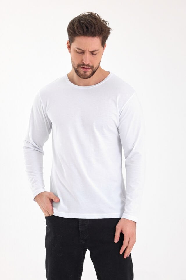 Beyaz 0 Yaka Uzun Kol Sweatshirt