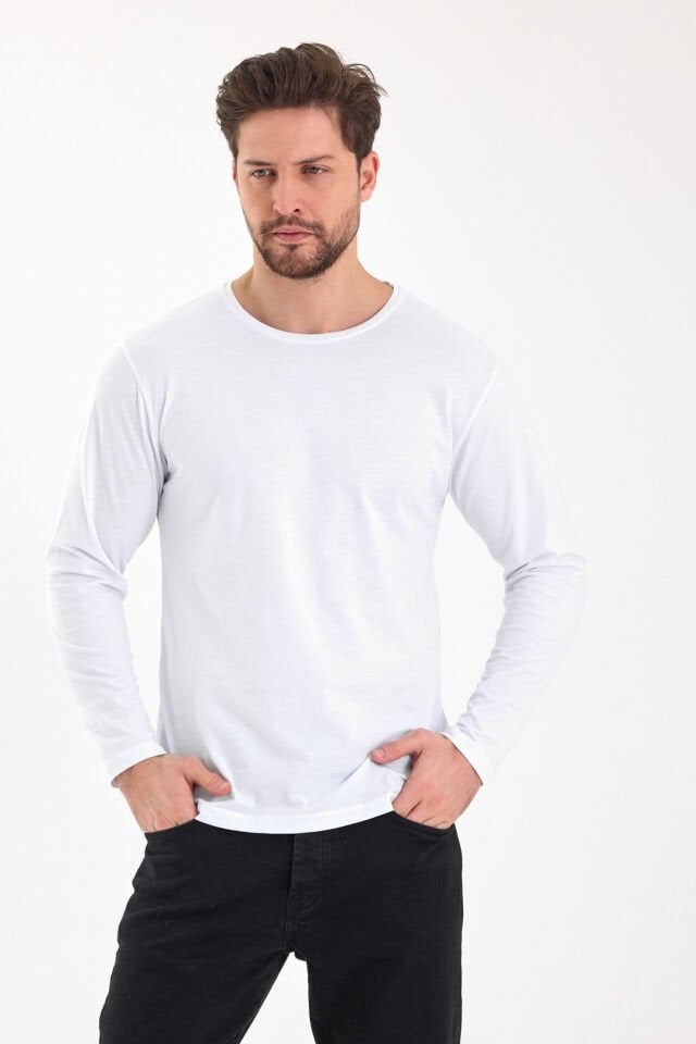 Beyaz 0 Yaka Uzun Kol Sweatshirt