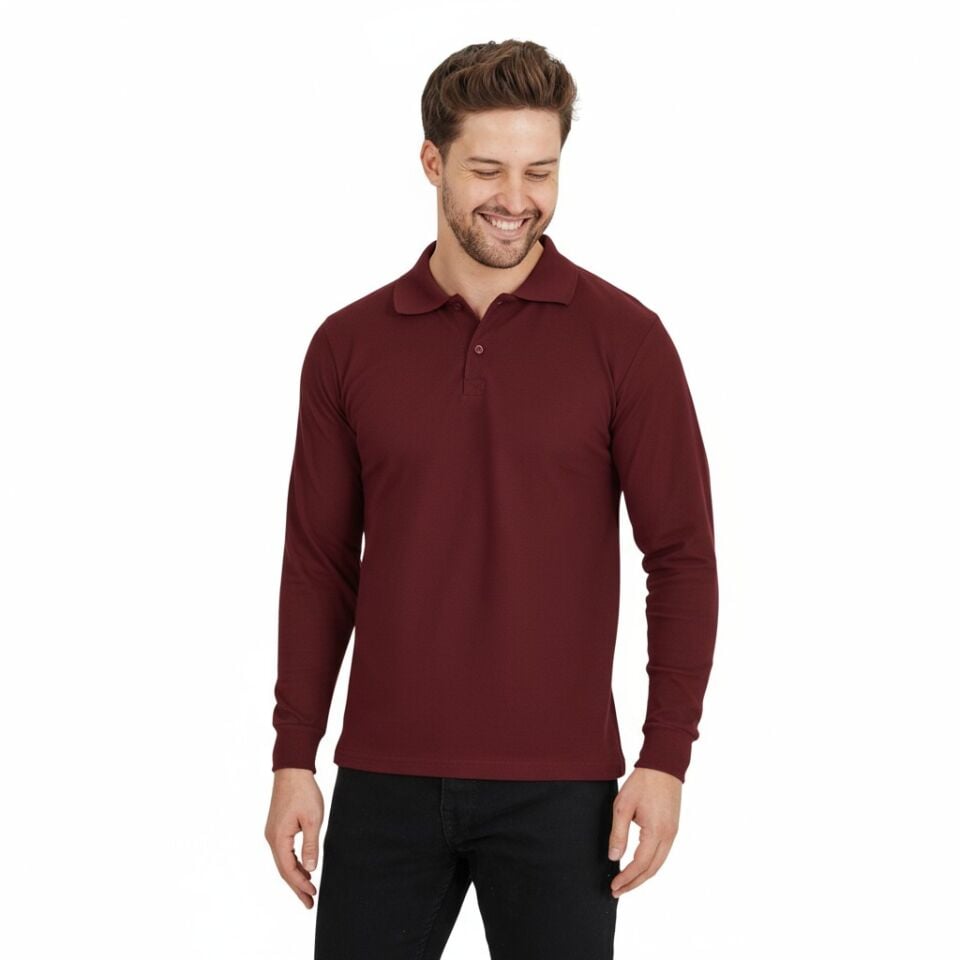 Bordo Polo Yaka Uzun Kol Sweatshirt