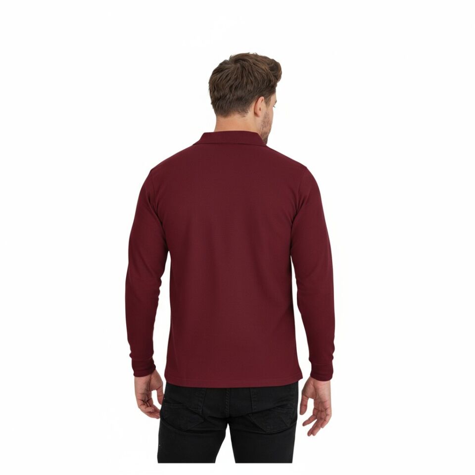 Bordo Polo Yaka Uzun Kol Sweatshirt
