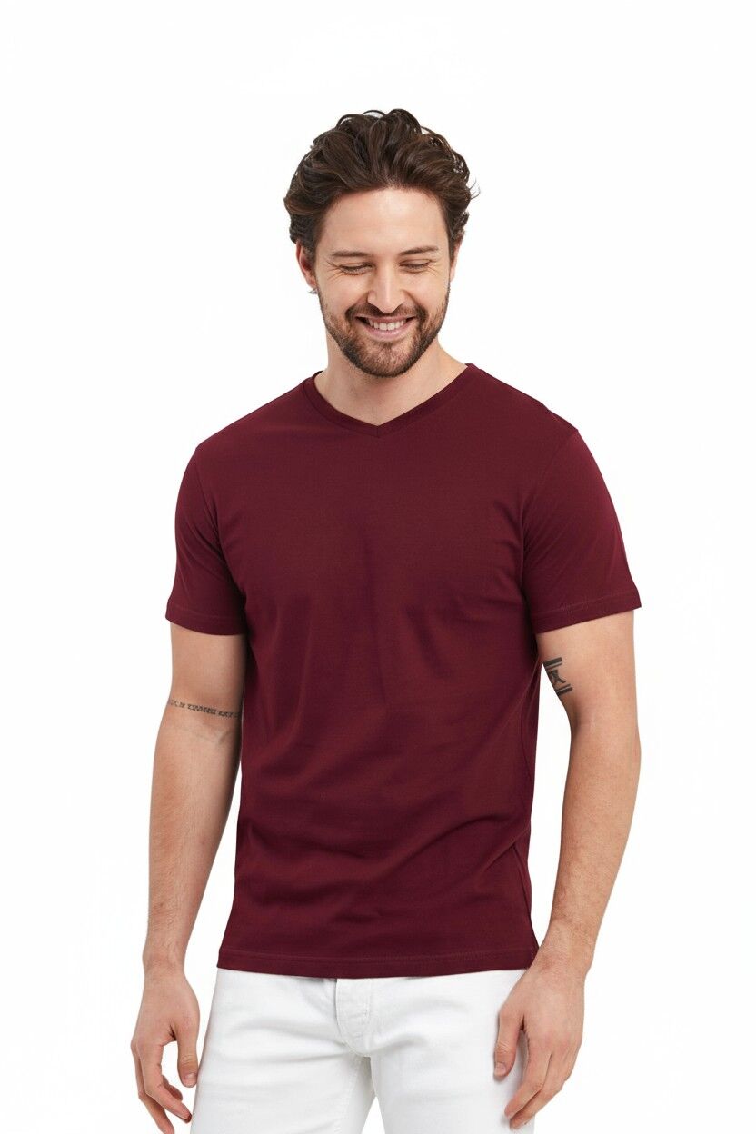 Bordo V Yaka  Tişört