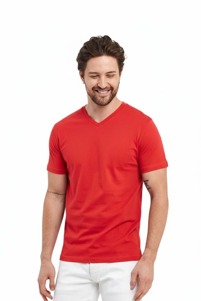 Kırmızı V Yaka  Tişört