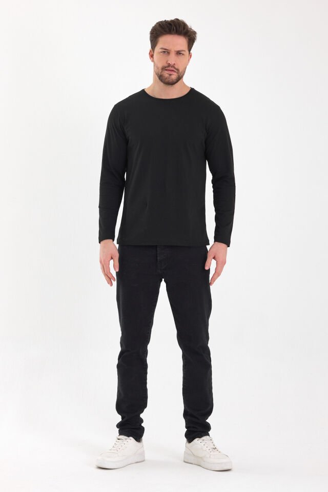 Siyah 0 Yaka Uzun Kol Sweatshirt