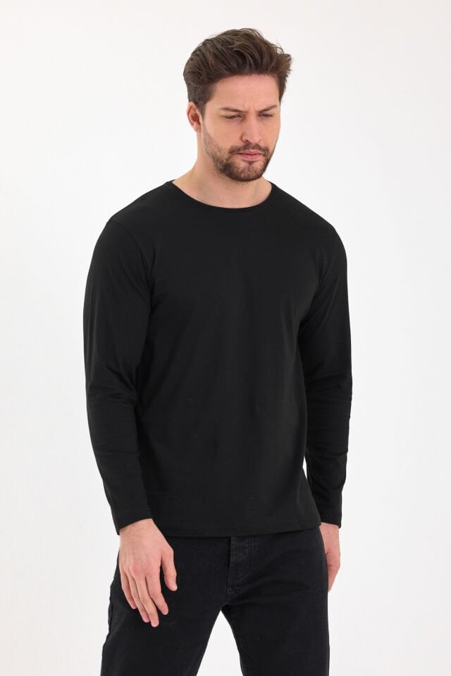 Siyah 0 Yaka Uzun Kol Sweatshirt