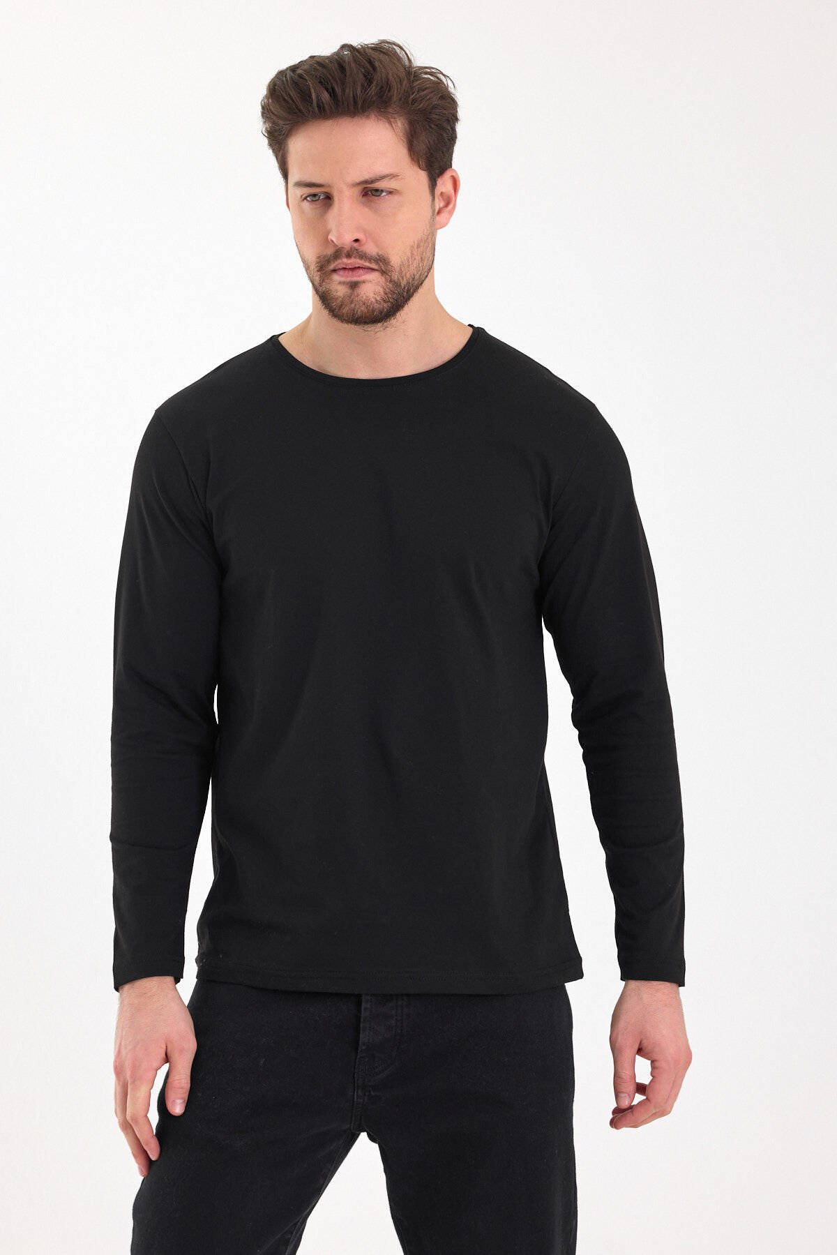 Siyah 0 Yaka Uzun Kol Sweatshirt