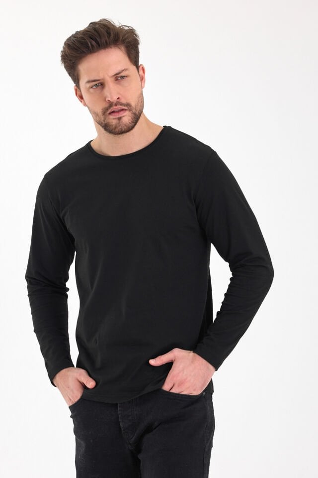 Siyah 0 Yaka Uzun Kol Sweatshirt