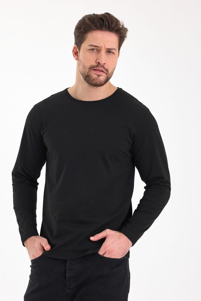 Siyah 0 Yaka Uzun Kol Sweatshirt