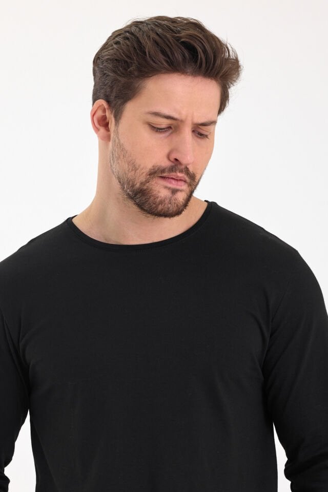 Siyah 0 Yaka Uzun Kol Sweatshirt