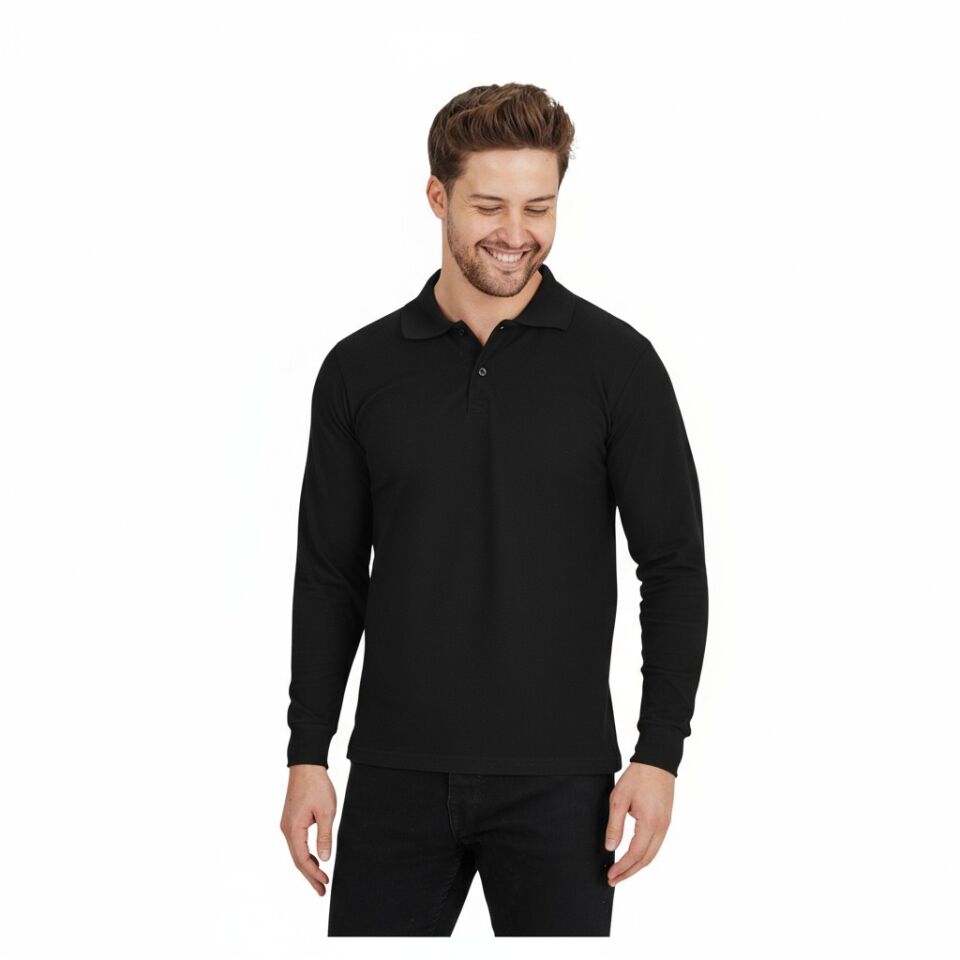 Siyah Polo Yaka Uzun Kol Sweatshirt