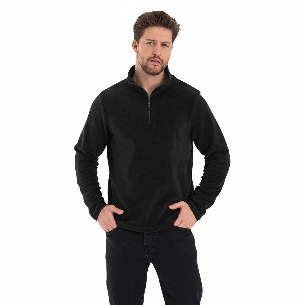 Siyah Yarım Fermuarlı Polar Sweatshirt