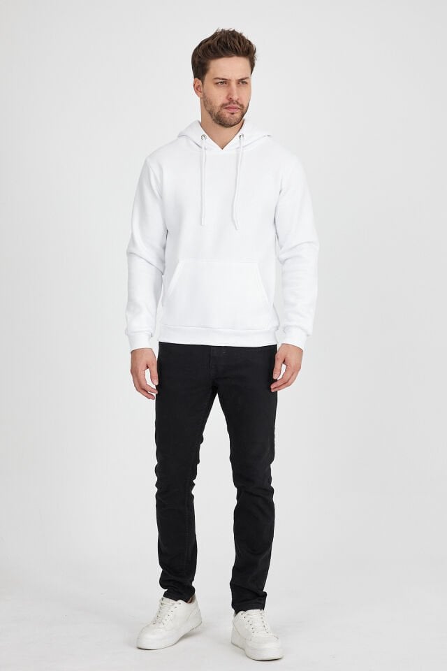 3 İplik Beyaz Kapşonlu Sweatshirt