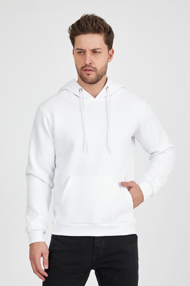 3 İplik Beyaz Kapşonlu Sweatshirt