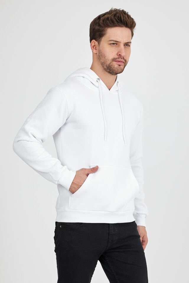 3 İplik Beyaz Kapşonlu Sweatshirt
