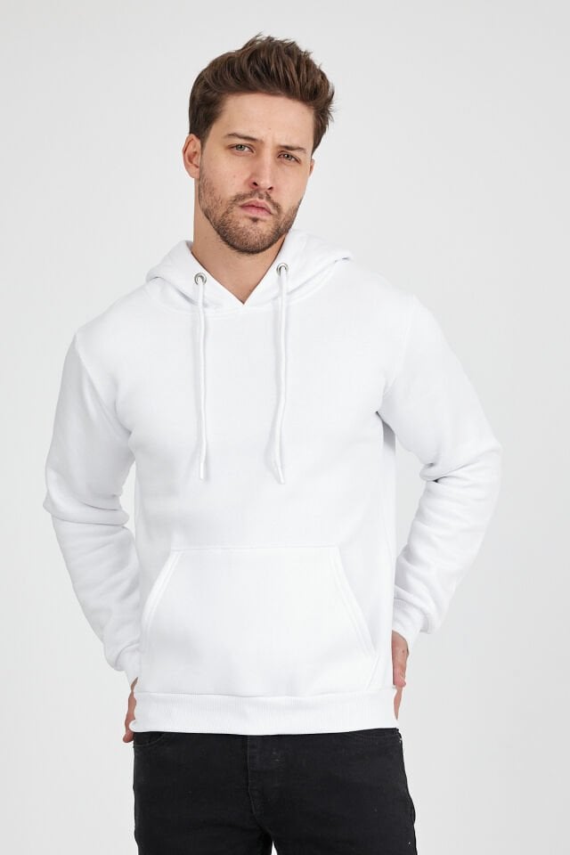 3 İplik Beyaz Kapşonlu Sweatshirt