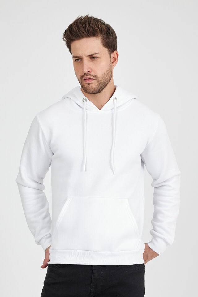 3 İplik Beyaz Kapşonlu Sweatshirt