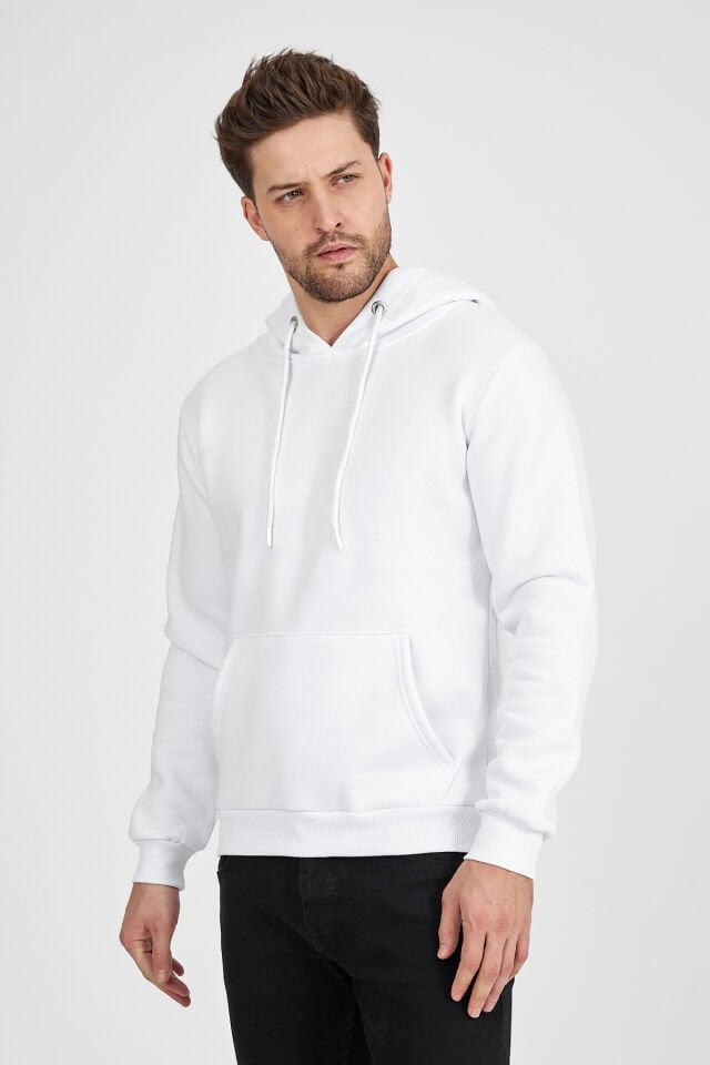 3 İplik Beyaz Kapşonlu Sweatshirt
