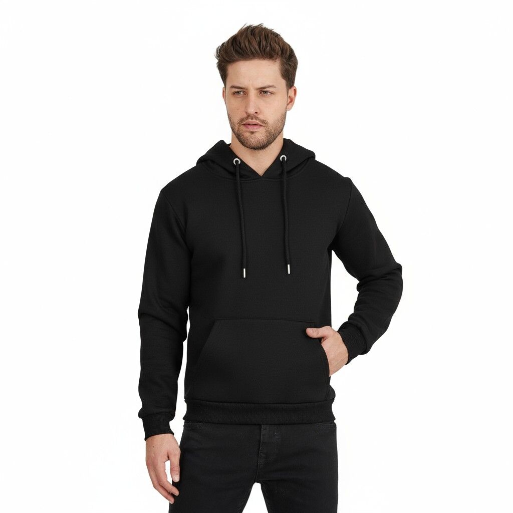 3 İplik Siyah Kapşonlu Sweatshirt