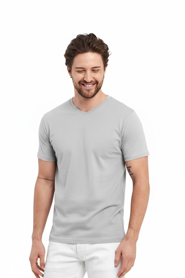 Benetton Gri V Yaka Tişört